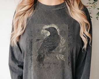 Vintage Raven Long Sleeve TShirt Gothic Crow Shirt Retro Raven Long Sleeve Shirt Oversized Shirt Witchy Tee Dark Academia Light Sweatshirt