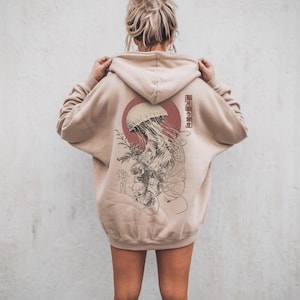 Jellyfish 海月 Ukiyo-e Hoodie Hooded Sweatshirt Kanji Sea Moon Red Moon Witchcore Oversized Gothic Dark Academia Streetwear Japan Gift