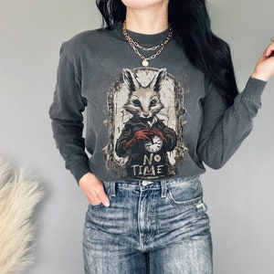 Alice in Wonderland Inspired No Time Long Sleeve Tshirt Rabbit Clock Whimsigoth Streetwear Clothing Grunge Y2K Top Fantasy Sleeved Cotton Pepper