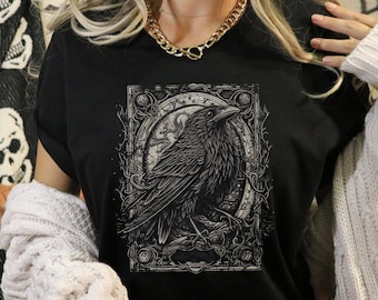 Vintage Whimsical Gothic Raven Shirt Retro Tarot Card Crow Tshirt Holiday Vacation Boyfriend Gift Dark Academia Clothing Grunge Oversized T