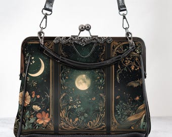 Celestial Lunar Nature Tarot Card Shoulder Handbag Dark Green Witch Night Botanical Crossbody Bag Occult Stars Magic Purse Moon Gift Vintage