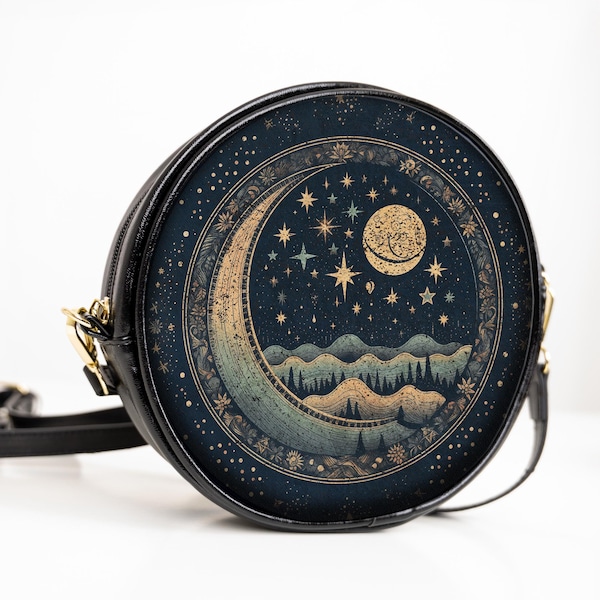 Oriental Starry Night Round Messenger Bag Moon Lunar Stars Shoulder Purse Celestial Modern Sky Crossbody Bag Gift Orient Arabic 1001 Nights