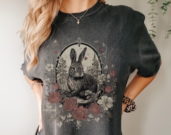 Whimsical Vintage Victorian Woodland Rabbit Tshirt Old Nature Tree Shirt Forest core Cottage Tee Cute Goblincore Botanical Top Green Witch