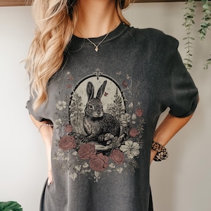 Whimsical Vintage Victorian Woodland Rabbit Tshirt Old Nature Tree Shirt Forest core Cottage Tee Cute Goblincore Botanical Top Green Witch