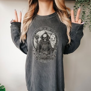 Mystical Gothic Skeleton Long Sleeve Tshirt Y2K Magical Witch Graphic Celestial Long Sleeve Shirt Witchy Witchcraft Clothing Dark Academia