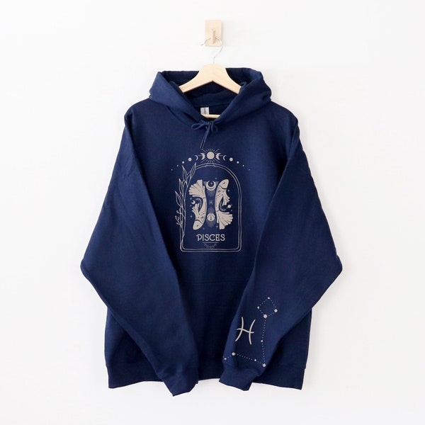 Minimalist Pisces Zodiac Sign Hoodie Astrology Celestial Birthday Month February March Sweater Star Sign Birth Constellation Top Bday Gift