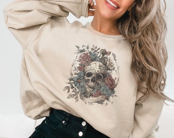 Gothic Skull Comfy Sweatshirt Floral Whimsigoth Shirt Skeleton Soft Goth Nu Roses Fall Sweater Cozy Top Pirate Bones Rocker Biker Trendy