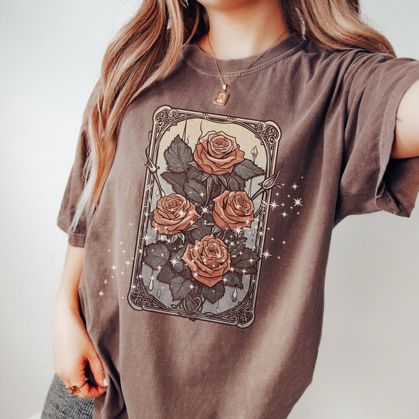 Romancecore Tarot Card Roses Tshirt Vintage Floral Romantic Soft Goth Shirt Gothic Witch Tee Witchy Valentines Day Romance Dark Academia