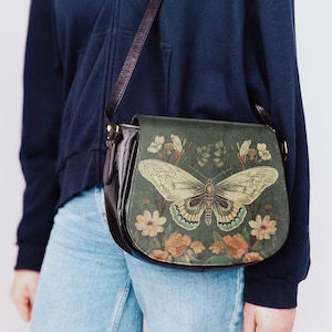 Boho Moth Cottage Core Shoulder Bag Vintage Art Nouveau Streetwear Handbag Goblincore Saddle Purse Whimsigoth Gothic Butterfly Entomology