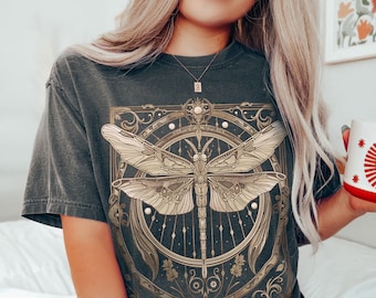 Fairycore Vintage Victorian Dragonfly Tshirt Art Nouveau Animal Shirt Nature Art Deco Celtic Dragonfly Tee Green Witch Gift Dark Academia