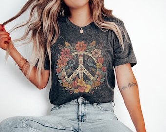 Happy Floral Vintage Boho Peace Tshirt Minimalist Hand Drawn Good Vibes Shirt Positive Top Happiness Nostalgia Tee Street Wear Clothes