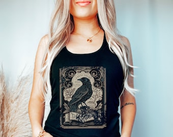 Tarot Card Raven Shirt Occult Mythical Tank Top Vintage Muscle Tee Gothic mystical Crow Witchy Dark Academia Clothing Holiday Aesthetic