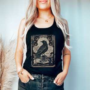 Tarot Card Raven Shirt Occult Mythical Tank Top Vintage Muscle Tee Gothic mystical Crow Witchy Dark Academia Clothing Holiday Aesthetic