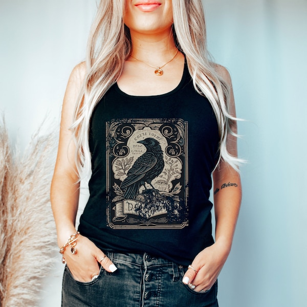 Tarot Card Raven Shirt Occult Mythical Tank Top Vintage Muscle Tee Gothic mystical Crow Witchy Dark Academia Clothing Holiday Aesthetic