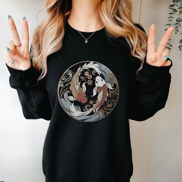 Ying Yang Koi Fish Sweatshirt Art Nouveau Shirt Japanese Gift Japan Lover Top Street Wear Hoody Vintage Trendy Sweater Gold Fish Chinese