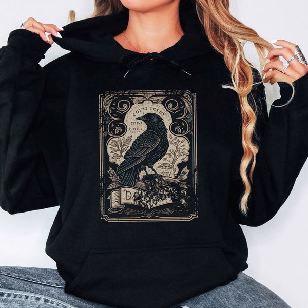 Gothic Raven Tarot Card Hoodie Witchy Crow Hooded Sweatshirt Occult Goth Sweater Dark Academia Clothing Streetwear Celestial Animal Bird Top