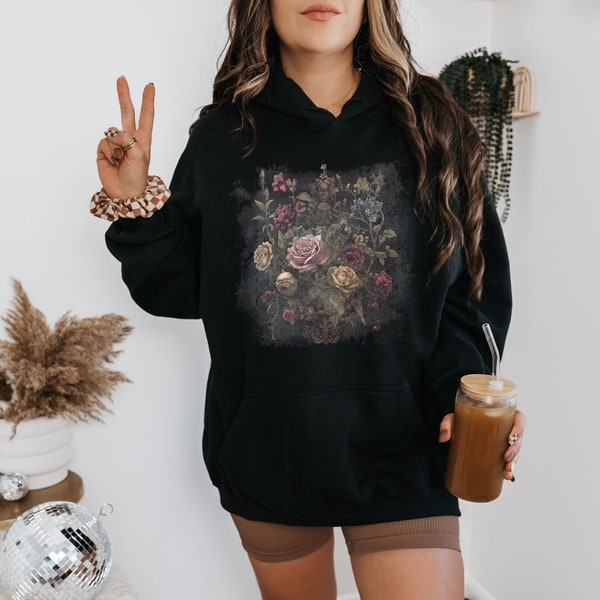 Vintage Soft Goth Floral Hoodie Whimsigoth Gothic Roses Sweater Nu Goth Streetwear Goblincore Hooded Sweatshirt Cottagecore Gift Romantic