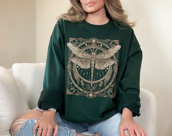 Fairycore Vintage Victorian Dragonfly Sweatshirt Art Nouveau Animal Top Nature Deco Celtic Dragonfly Sweater Green Witch Gift Cottagecore