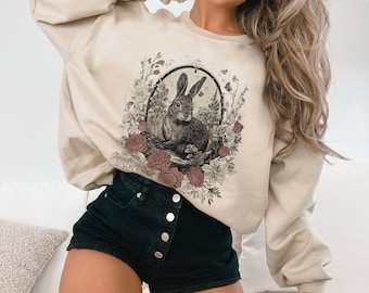 Whimsical Vintage Victorian Woodland Rabbit Sweatshirt Old Nature Tree Shirt Forest core Cottage Sweater Cute Goblincore Botanical Top Green