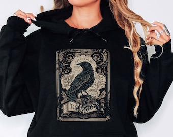 Gothic Raven Tarot Card Hoodie Witchy Crow Hooded Sweatshirt Occult Goth Sweater Dark Academia Clothing Streetwear Celestial Animal Bird Top
