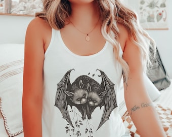 Cute Whimsigoth Gothic Bat Pair Love Tank Top Gothic Vampire Dark Gobincore Racerback Tee Night Witchy Top Dark Academia Shirt Woman Trendy