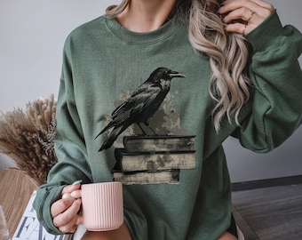 Gothic Ink Raven Book Sweatshirt Crow Dark Academia Reading Soft Goth Sweater Macabre Shirt Grunge Streetwear Victorian Top Bird Animal Old