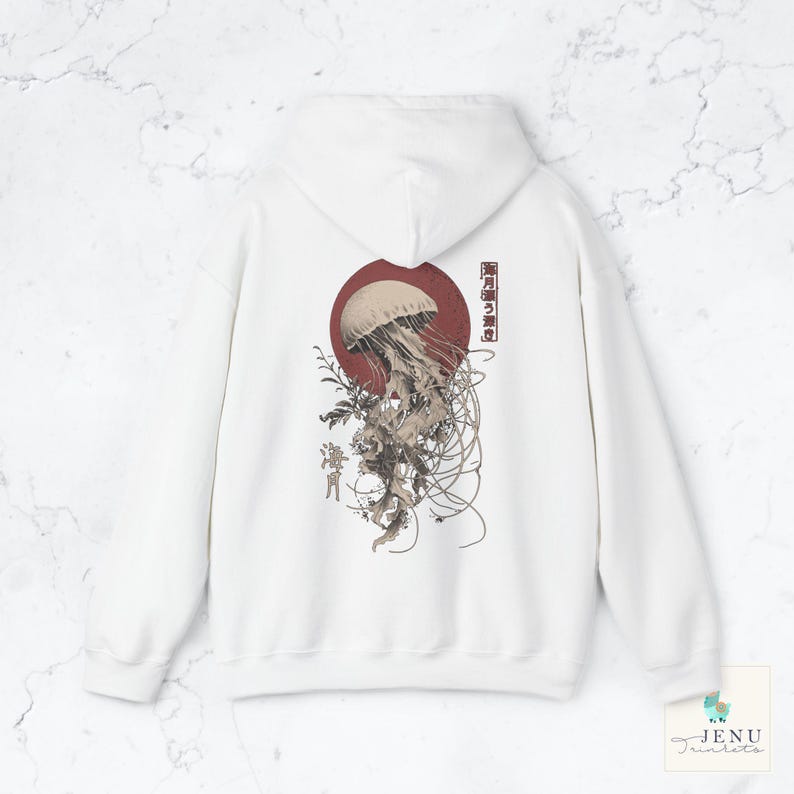 Jellyfish 海月 Ukiyo-e Hoodie Hooded Sweatshirt Kanji Sea Moon Red Moon Witchcore Oversized Gothic Dark Academia Streetwear Japan Gift White