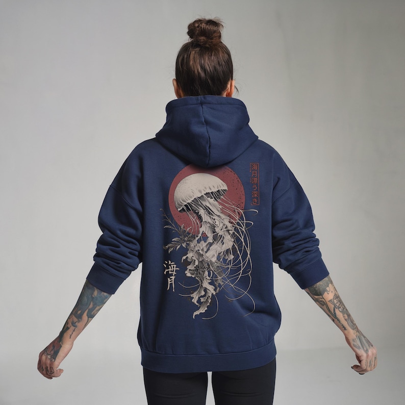 Jellyfish 海月 Ukiyo-e Hoodie Hooded Sweatshirt Kanji Sea Moon Red Moon Witchcore Oversized Gothic Dark Academia Streetwear Japan Gift