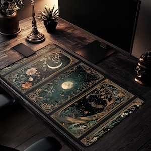 Celestial Lunar Nature Tarot Card Desk Mat Dark Green Witch Night Botanical Floral Mousepad Occult Stars Magic Mouse Moon Office Gift Idea