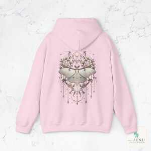 Boho white Lunar Moth Cozy Hoodie Vintage Dreamcatcher Butterfly Sweatshirt Celestial Floral Moon Luna Moth Jewelry Hooded Sweater Alt Gift Light Pink