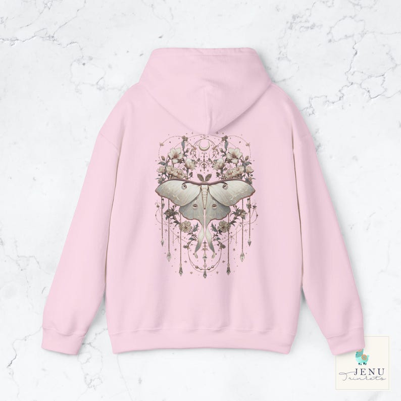 Boho white Lunar Moth Cozy Hoodie Vintage Dreamcatcher Butterfly Sweatshirt Celestial Floral Moon Luna Moth Jewelry Hooded Sweater Alt Gift Light Pink