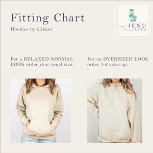 May include: A fitting chart for Gildan hoodies, advising on sizing for a relaxed or oversized fit. The image features two women modelling beige hoodies. The Jenu Trinkets logo is visible in the top right corner.