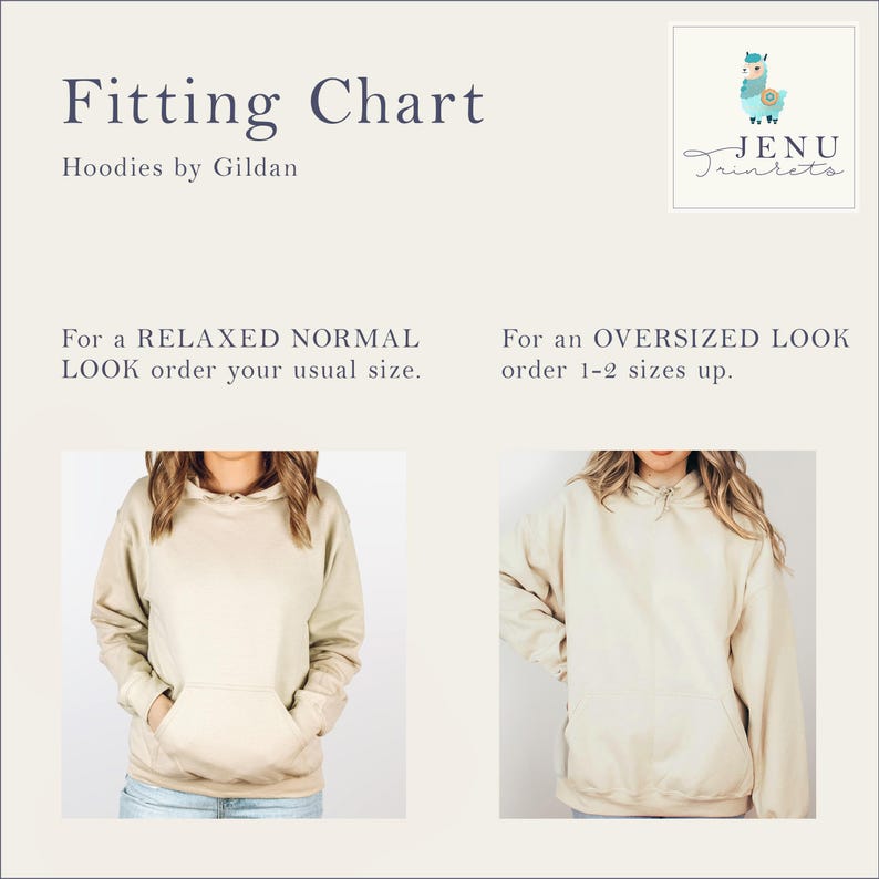 May include: A fitting chart for Gildan hoodies, advising on sizing for a relaxed or oversized fit. The image features two women modelling beige hoodies. The Jenu Trinkets logo is visible in the top right corner.