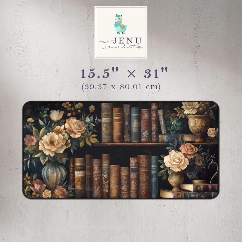 May include: A long rectangular mousepad with a dark background featuring a bookshelf filled with antique books and two floral arrangements with roses in vases. The text "15.5" x 31" (39.37 x 80.01 cm)" is printed on the mousepad.
