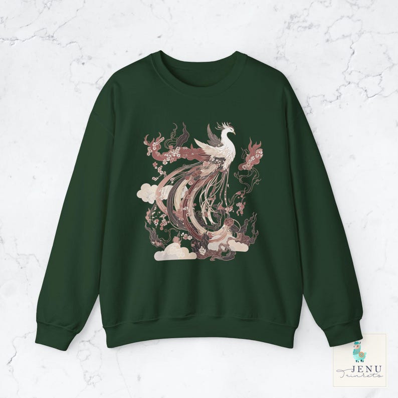 Japanese Phoenix Hoodie Fantasy Beast Bird Sweatshirt Mystical Vintage Asian Abstract Top Japan Nature Tee Mythology Magic Fiction Rebirth Forest Green