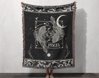 Birthday Horoscope Pisces Woven Cotton Blanket Jacquard Astrology Birth Month February March Tapestry Celestial Thoughtful Gift Sofa Throw