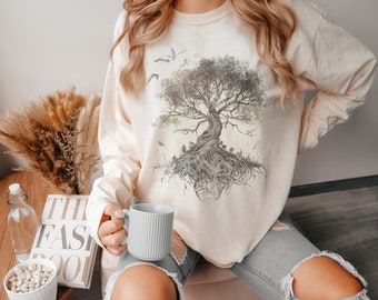 Arbre de vie vintage t-shirt à manches longues amoureux de la nature t-shirt à manches longues Cottagecore sagesse symbolisme design vieilli Cottage Forestcore