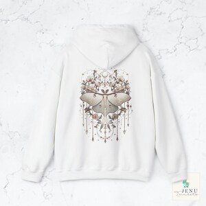 Boho white Lunar Moth Cozy Hoodie Vintage Dreamcatcher Butterfly Sweatshirt Celestial Floral Moon Luna Moth Jewelry Hooded Sweater Alt Gift White