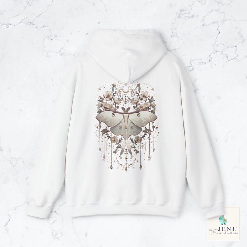Boho white Lunar Moth Cozy Hoodie Vintage Dreamcatcher Butterfly Sweatshirt Celestial Floral Moon Luna Moth Jewelry Hooded Sweater Alt Gift White