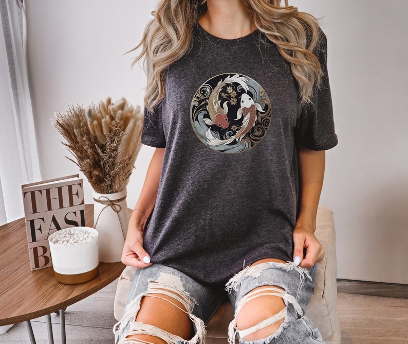 Ying Yang Koi Fish Tshirt Art Nouveau Shirt Japanese Gift Japan Lover Top Street Wear Travel Tee Vintage Trendy Gold Fish Workout Sports