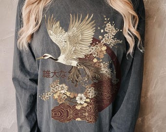 Abstract Japanese Crane Folklore Long Sleeve T-Shirt Egret Heron Unisex Shirt Vintage Long Sleeved Top Nature Asian Streetwear Animal Korean