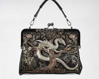 Vintage Mythical Medieval Dragon Handbag Gothic Witchy Tree of Life Dark Academia Crossbody Bag Fantasy Animal Kisslock Purse Middle Ages