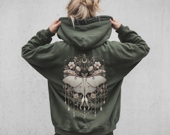 Boho white Lunar Moth Cozy Hoodie Vintage Dreamcatcher Butterfly Sweatshirt Celestial Floral Moon Luna Moth Jewelry Hooded Sweater Alt Gift