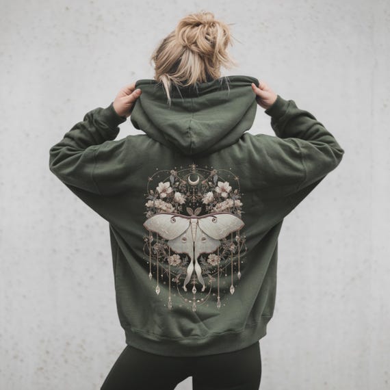 Boho white Lunar Moth Cozy Hoodie Vintage Dreamcatcher Butterfly Sweatshirt Celestial Floral Moon Luna Moth Jewelry Hooded Sweater Alt Gift