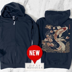 Cozy Vintage Japanese Koi Fish Zip Up Hoodie Nautical Animal Asian Art Nouveau Japan Zipup Sweater Koi Pond Top Urban Jacket Tokyo Style