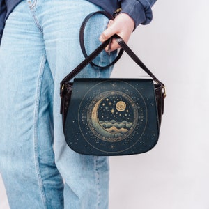 1001 Nights Oriental Crescent Moon Shoulder Saddle Bag Vintage Celestial Sky Star Esoteric Black Large Crossbody Purse Boho Gift Handbag