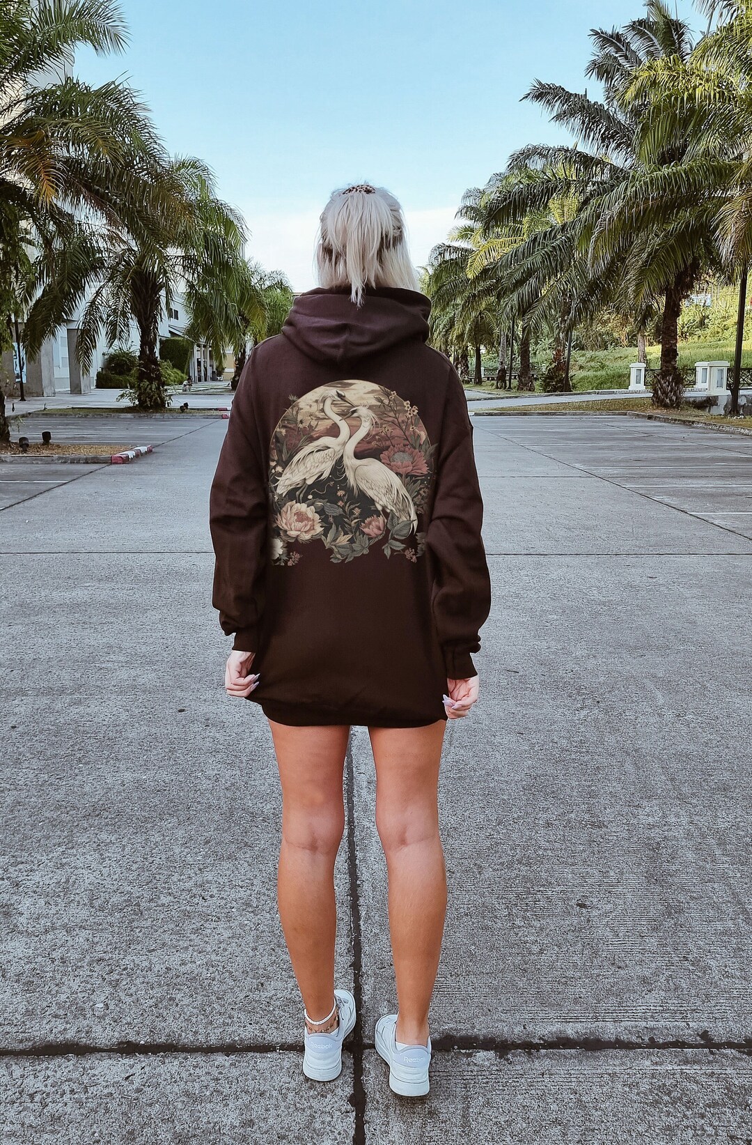 Heron Japanese Pattern Print Women Off Shoulder Sweatshirt