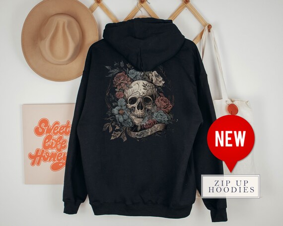 Vintage Skull Tattoo Design Zip up Hoodie Whimsigoth Roses Flower 