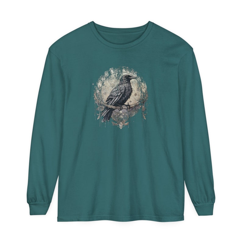 Dark Academia Raven Long Sleeve Tshirt Gothic Trendy Crow Long Sleeve Top Grunge Fashion Alt Edgar Allan Poe Graphic Tees Mythical Mystical