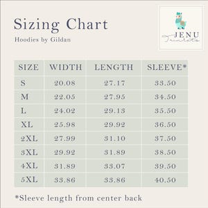 May include: A sizing chart for Gildan hoodies, featuring measurements in inches for width, length, and sleeve length. Sizes range from S to 5XL, with sleeve length measured from the center back. The chart includes the JENU Trinkets logo.